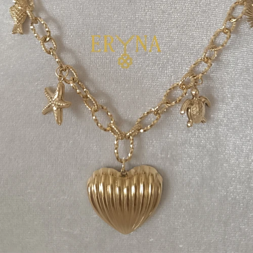 COLLAR ERYNA CORAZÓN Y CHAKRAS MARINOS ACERO DORADO