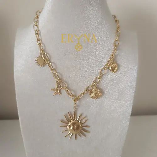 COLLAR ERYNA SOL Y CHAKRAS MARINOS ACERO DORADO