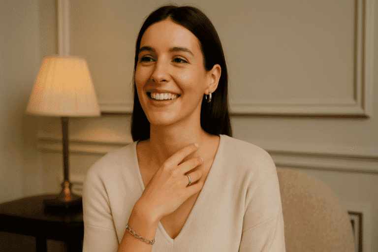 Mujer joven sonriente con pendientes, anillo y pulsera de bisutería plateada ERYNA en un interior elegante