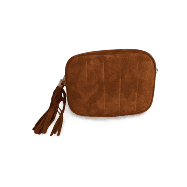 Bolso camel de piel auténtica con flecos visto de espaldas