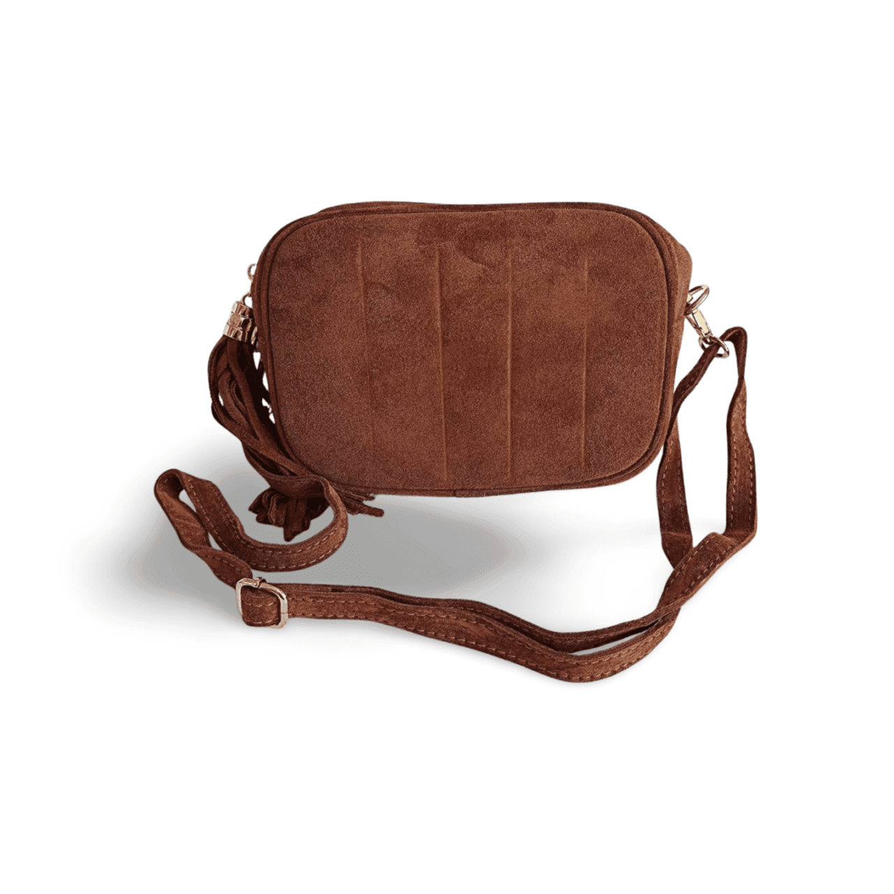Bolso camel de piel auténtica con flecos y correa ajustable visto de espaldas Bolso camel de piel auténtica con flecos y correa ajustable visto de espaldas