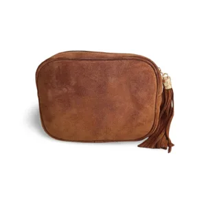 Bolso marrón de piel auténtica con flecos visto de frente