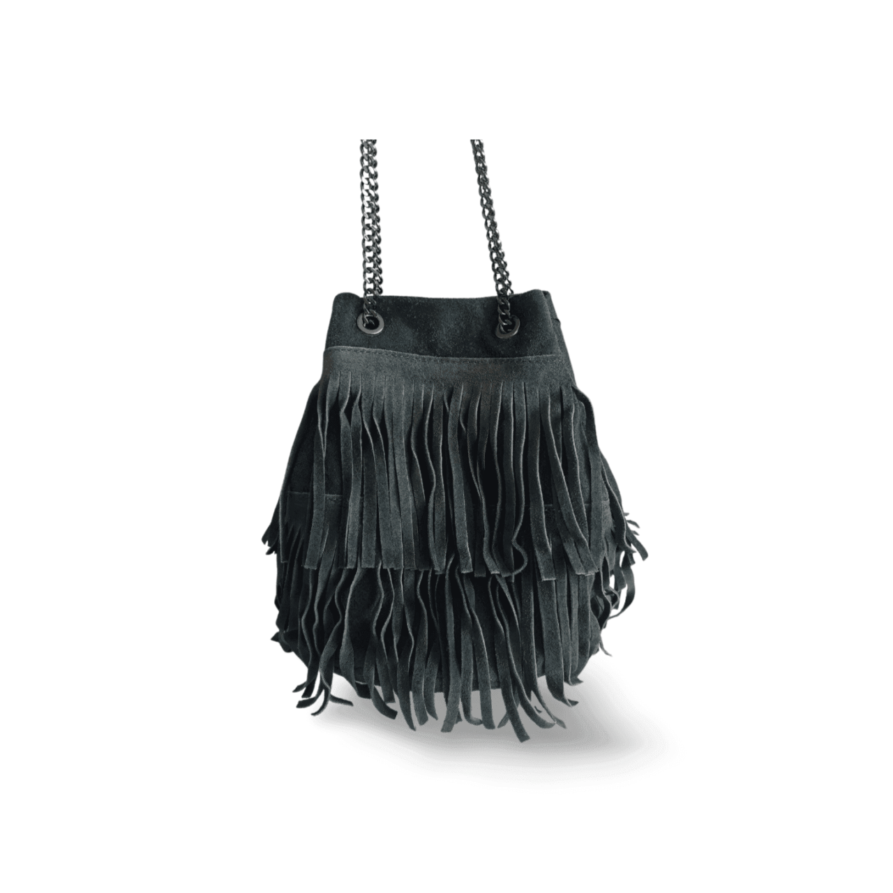 Bolso de ante verde oscuro con flecos y cadena ERYNA Bolso de ante verde oscuro con flecos y cadena ERYNA