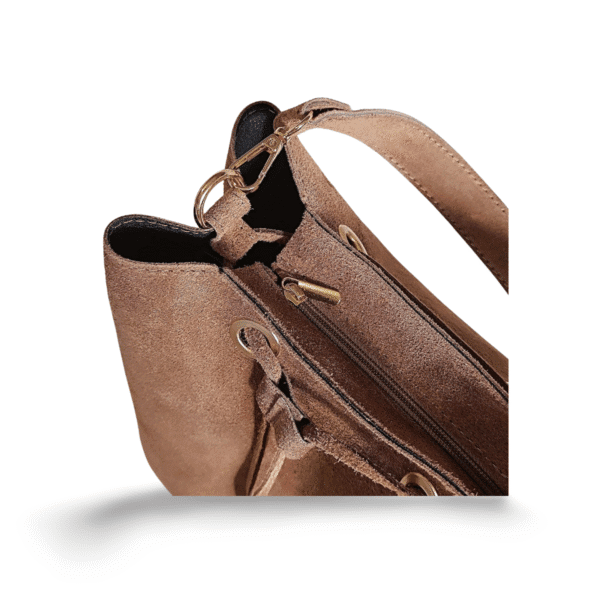 Bolso de piel auténtica marrón con cremallera y cordón