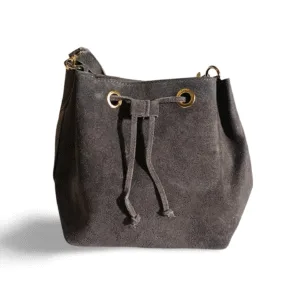 Bolso de piel auténtica gris con cordón y herrajes dorados