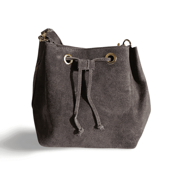 Bolso de piel auténtica gris con cordón y herrajes dorados