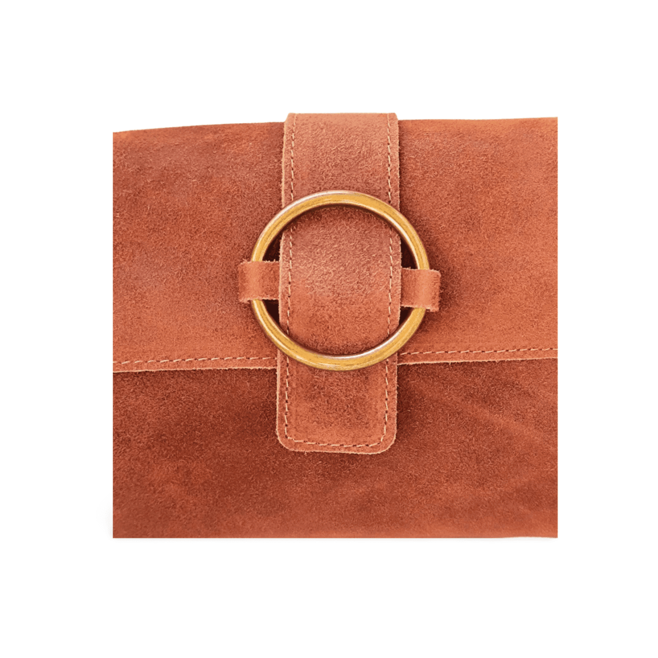 Detalle del cierre metálico dorado envejecido del bolso de ante Detalle del cierre metálico dorado envejecido del bolso de ante