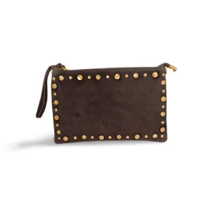 Bolso ERYNA de ante piel auténtica gris con tachuelas doradas vista frontal Bolso ERYNA de ante piel auténtica gris con tachuelas doradas vista frontal