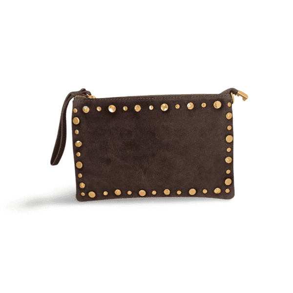 Bolso ERYNA de ante piel auténtica gris con tachuelas doradas vista frontal