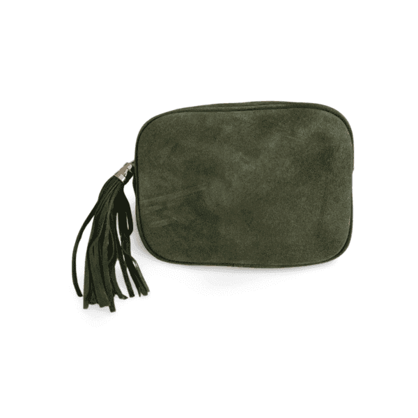 Bolso verde de piel auténtica con flecos visto de frente