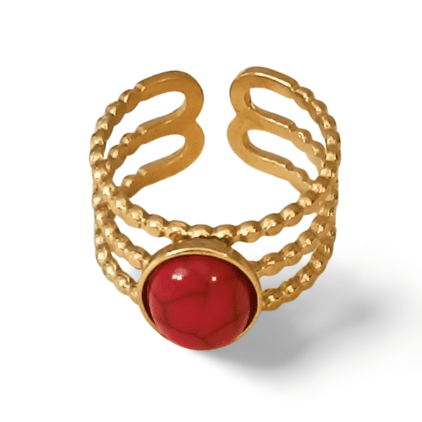 Anillo ERYNA triple aro acero dorado con piedra roja