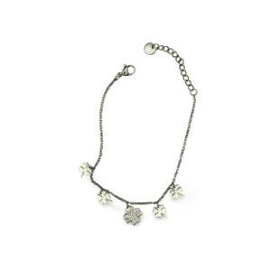 Pulsera plateada de acero inoxidable con tréboles y flor de circonitas