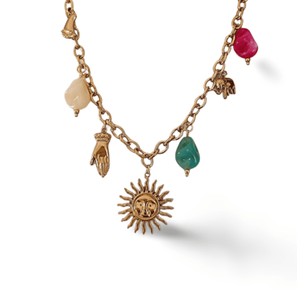 Collar ERYNA con cristales verde rosa blanco y colgante de sol
