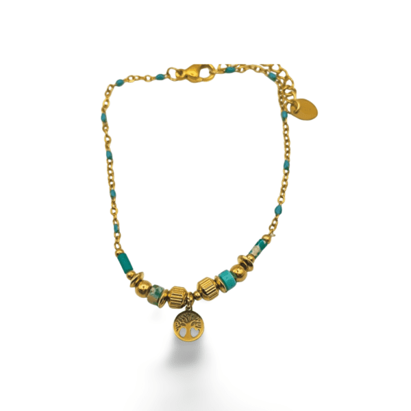Pulsera ERYNA árbol de la vida acero dorado con cuentas turquesa vista frontal