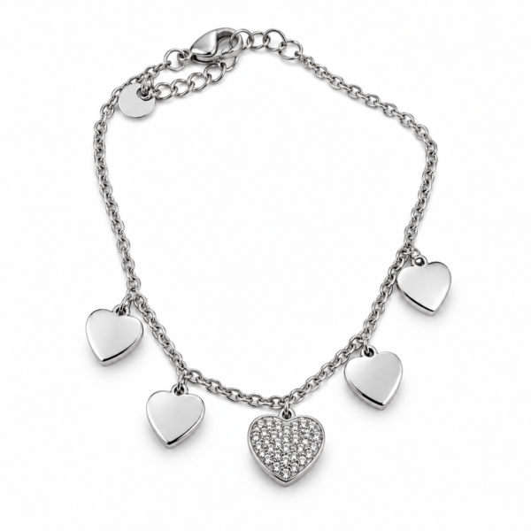 Pulsera ERYNA corazones plateados con strass - vista general Pulsera ERYNA plateada de acero inoxidable con corazones colgantes y corazón central con strass