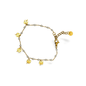 Pulsera ERYNA de tréboles dorados con perlas blancas en acero inoxidable