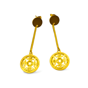 PENDIENTES LARGOS ERYNA CON DISCO CALADO EN ACERO INOXIDABLE 2 pendientes largos de acero inoxidable ERYNA dorados