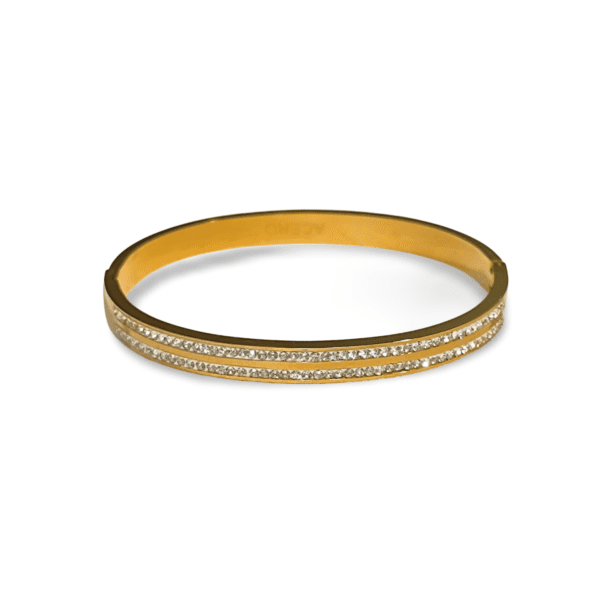 PULSERA RÍGIDA ERYNA DORADA CON DOBLE FILA DE CIRCONITAS 3 Detalle de circonitas en pulsera ERYNA rígida dorada