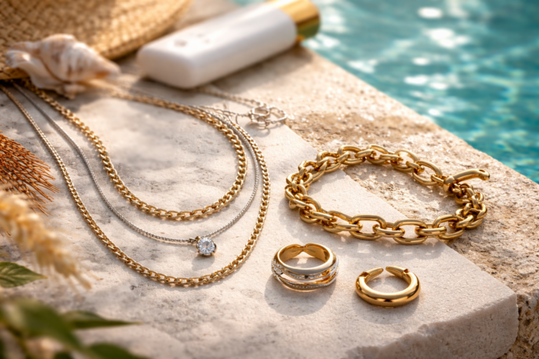 Joyas de acero inoxidable resistentes al agua junto a una piscina, incluyendo collar, pulsera y anillo en tonos dorados y plateados
