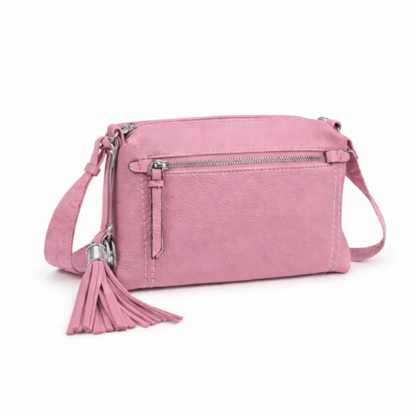 bandolera rosa ERYNA vista trasera con bolsillo cremallera y borla decorativa