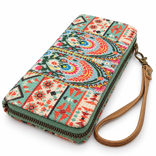 Cartera de mujer estampada multicolor con correa de mano – ERYNA Cartera de mujer estampada multicolor con cremallera y correa de mano ERYNA