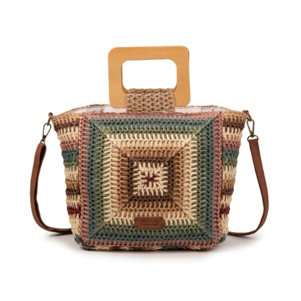 bolso rafia multicolor con asa de madera y bandolera mac&noa frontal