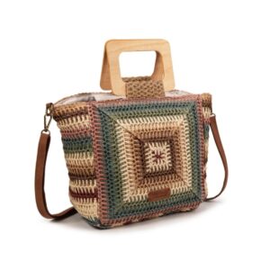 bolso rafia multicolor lateral con bandolera y asa de madera mac&noa