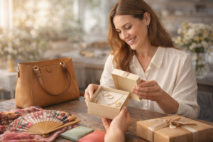 Mujer sonriente recibiendo un regalo de joyería junto a bolso y complementos, ideal para el Día de la Madre de ERYNA