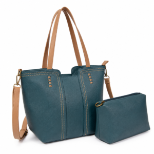 Bolso Sara ERYNA verde azulado con bolso interior a juego Bolso tote Sara ERYNA en verde azulado con asas marrones y bolso interior a juego, piel sintética texturizada
