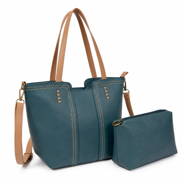 Bolso tote Sara ERYNA en verde azulado con asas marrones y bolso interior a juego, piel sintética texturizada