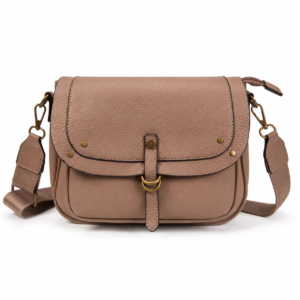Bolso bandolera ERYNA Sara en beige, vista frontal con solapa, tira decorativa y correa ajustable