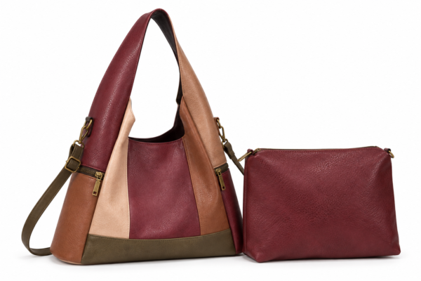 Bolso MAC&NOA MDX260343 - bolso y bolso interior Bolso hobo MAC&NOA MDX260343 en burdeos, beige y marrón junto a su bolso interior con cremallera