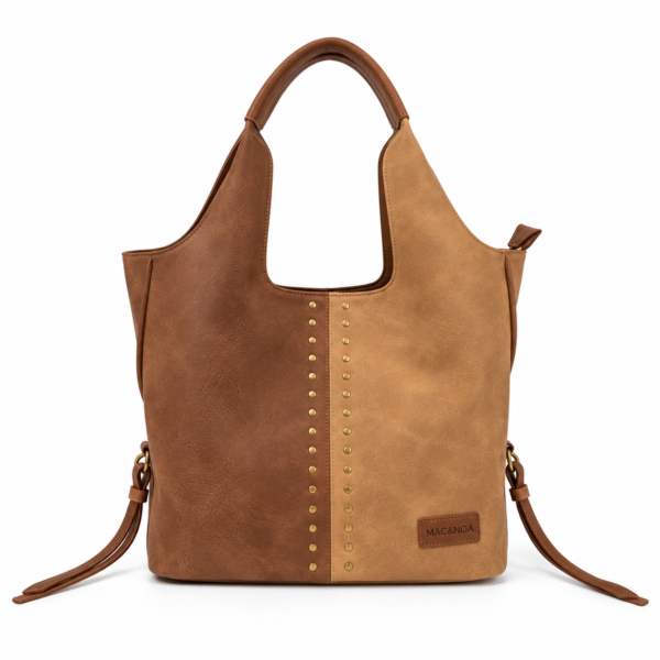 Bolso Shopper Bicolor con Tachuelas ERYNA - Café Bolso shopper bicolor ERYNA en café con tachuelas doradas, vista frontal