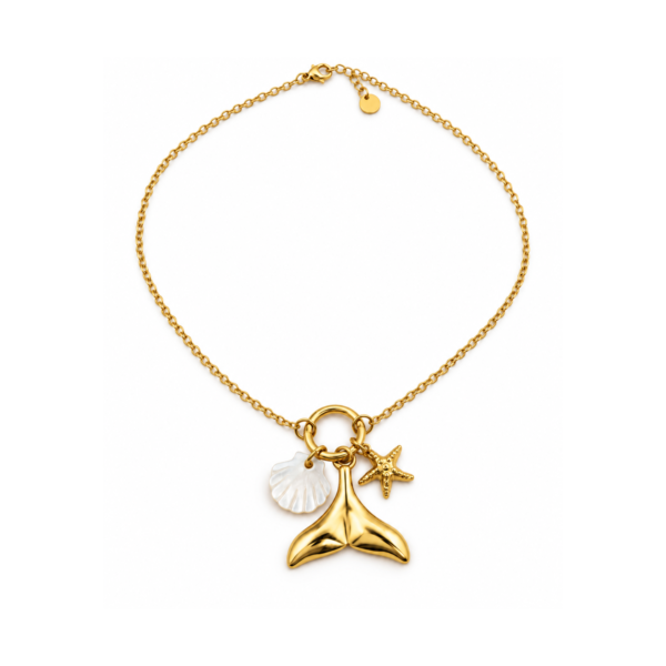 Collar Cola de Sirena de Acero Inoxidable Dorado - ERYNA Collar cola de sirena en acero inoxidable dorado con colgante de concha de nácar y estrella de mar