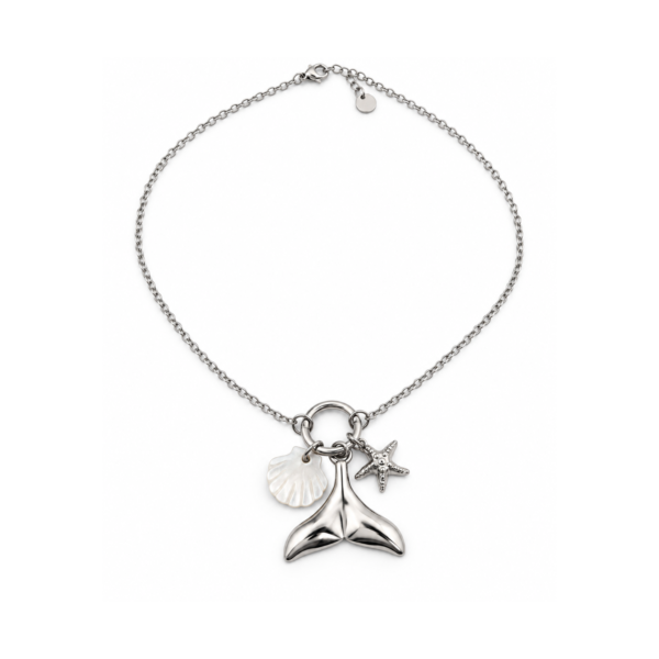 Collar Cola de Sirena de Acero Inoxidable Plateado - ERYNA Collar cola de sirena en acero inoxidable plateado con colgante de concha de nácar y estrella de mar