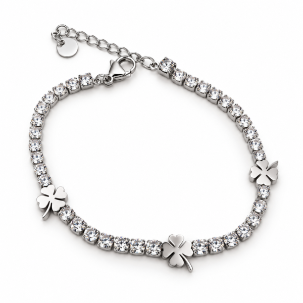 Pulsera ERYNA Plateada Circonitas y Tréboles - Vista Frontal Pulsera ERYNA de tenis plateada con circonitas y tréboles de cuatro hojas, acero inoxidable