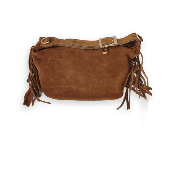 Bolso de ante camel con flecos laterales y hebilla dorada