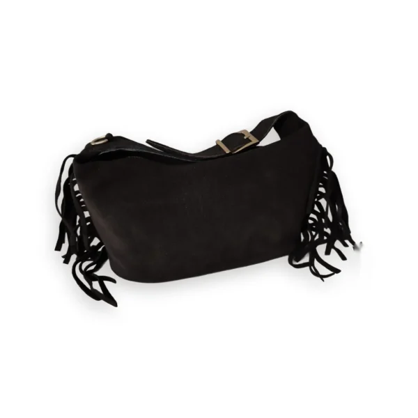 Bolso de ante marrón chocolate con flecos laterales y hebilla dorada