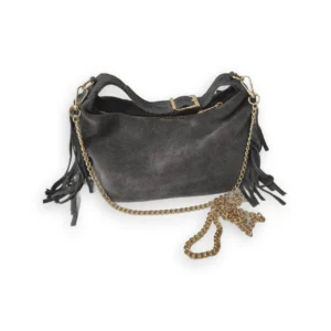 Bolso de ante gris con flecos laterales y cadena dorada desmontable