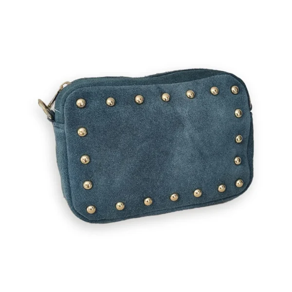 Bolso bandolera pequeño de ante azul petróleo con tachuelas doradas