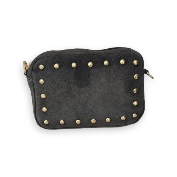 Bolso bandolera pequeño de ante gris oscuro con tachuelas doradas
