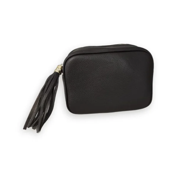 Bolso bandolera ERYNA de piel con borla color negro Bolso bandolera de piel negro con borla y herrajes dorados