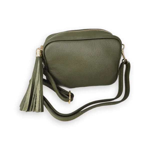 Bolso bandolera ERYNA de piel verde con correa regulable Bolso de piel verde con borla y correa de piel regulable