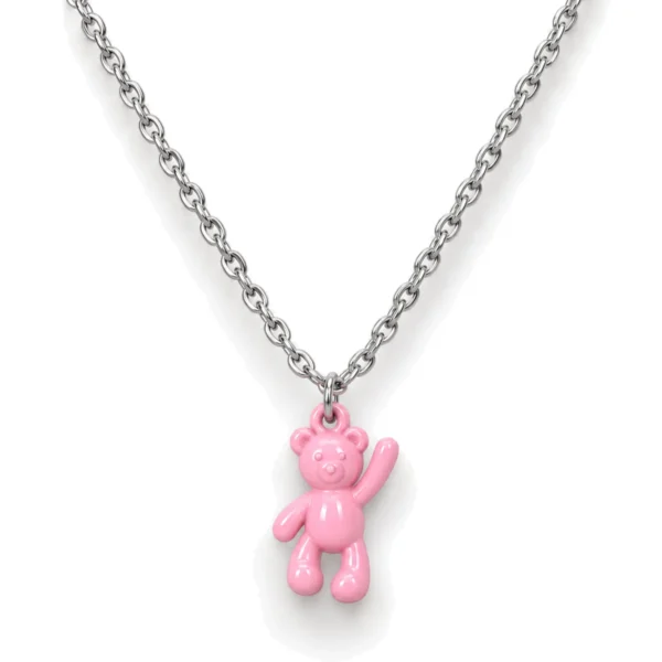 Colgante ERYNA oso rosa con cadena de acero plateado Colgante de oso rosa esmaltado saludando con cadena de eslabones plateada de acero ERYNA