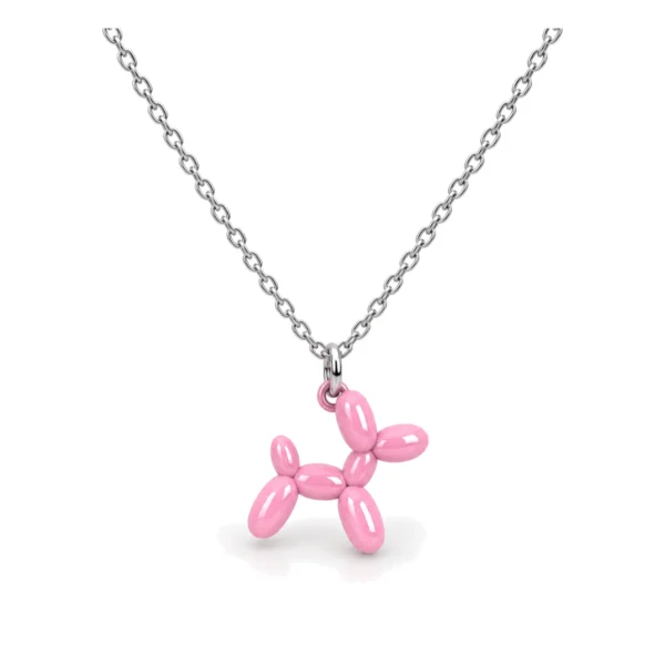 Colgante ERYNA perro globo rosa con cadena plateada Colgante de perro globo rosa esmaltado con cadena de eslabones plateada de acero ERYNA