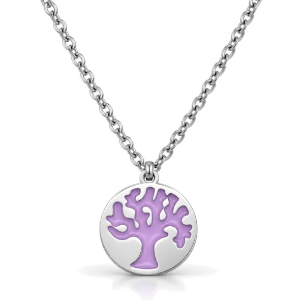 Colgante redondo plateado con árbol de la vida esmaltado en lila y cadena de acero ERYNA