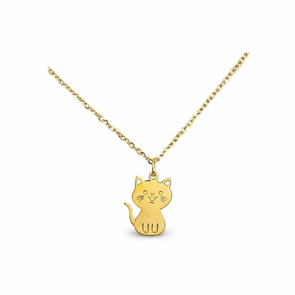 Collar ERYNA de acero inoxidable dorado con colgante de gatito grabado