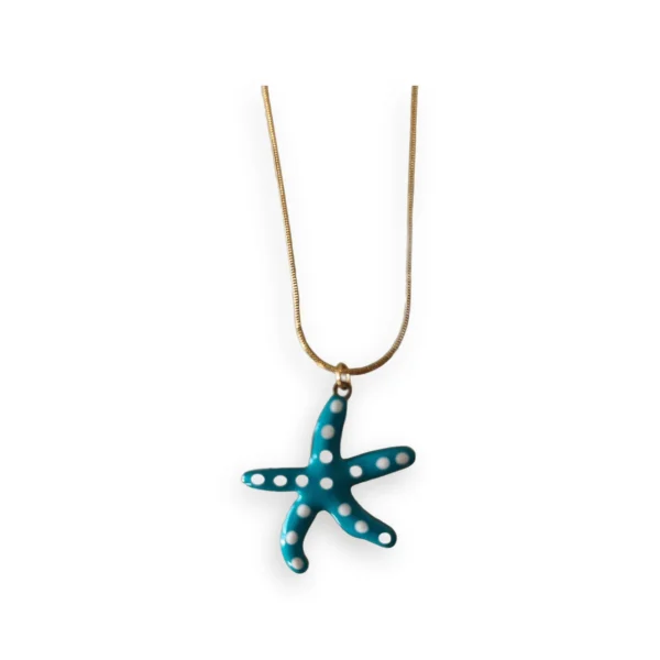 Colgante estrella de mar esmaltada turquesa con lunares blancos y cadena dorada fina