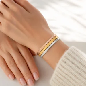 Conjunto ERYNA de 3 Pulseras rígidas de acero inoxidable con circonitas puesta en la muñeca