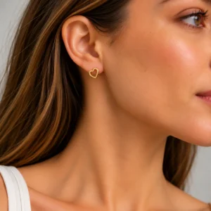 Mujer con pendiente de presión en forma de corazón calado dorado en acero inoxidable ERYNA